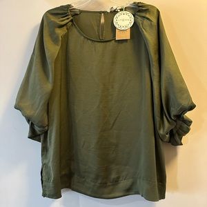 New never worn silk olive green shirt with puffy sleeves